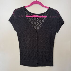 Say What Tank Top Womens M Black Button Crochet Sheer Boho Festival Y2K Hippie